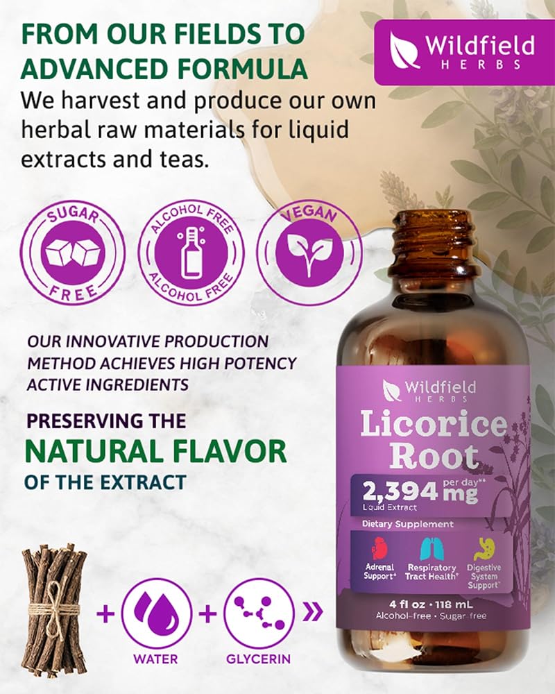 WILDFIELD HERBS 4 Oz Licorice Root Extract Liquid Drops - Digestive, Lung & Skin Support | 2 Month Supply | - Made in USA - Licorice Root Supplement - Alcohol & Sugar Free - image 4