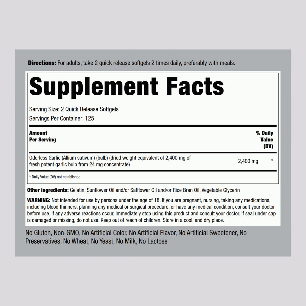 Piping Rock Odorless Garlic Softgels - 250 Count - image 2