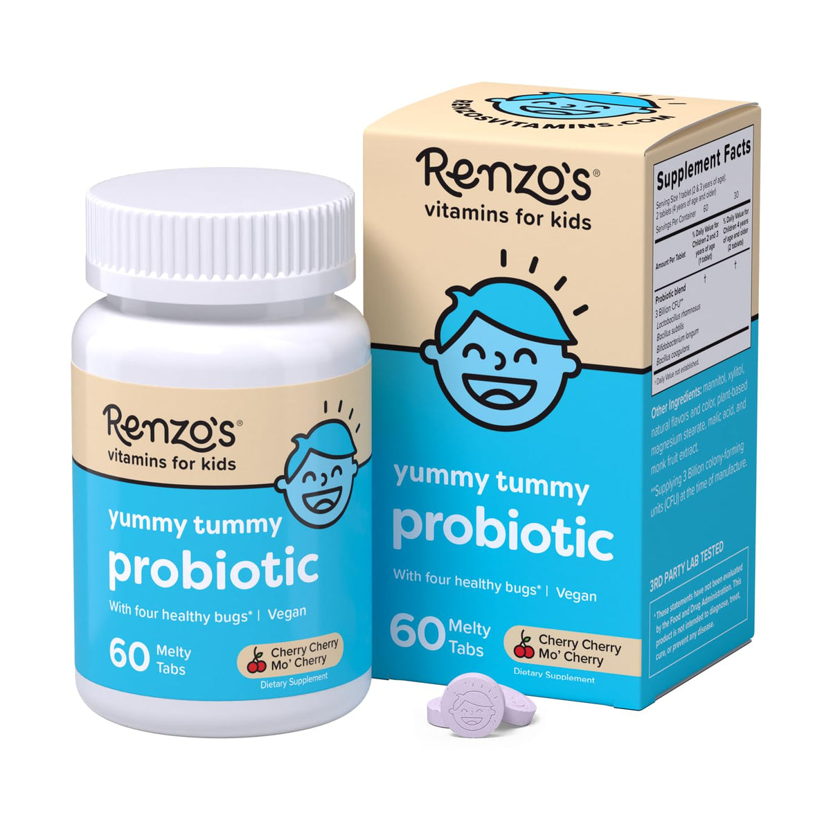 Renzo's Kids Probiotic Dissolvable Tablets Cherry Flavour - 60 Count