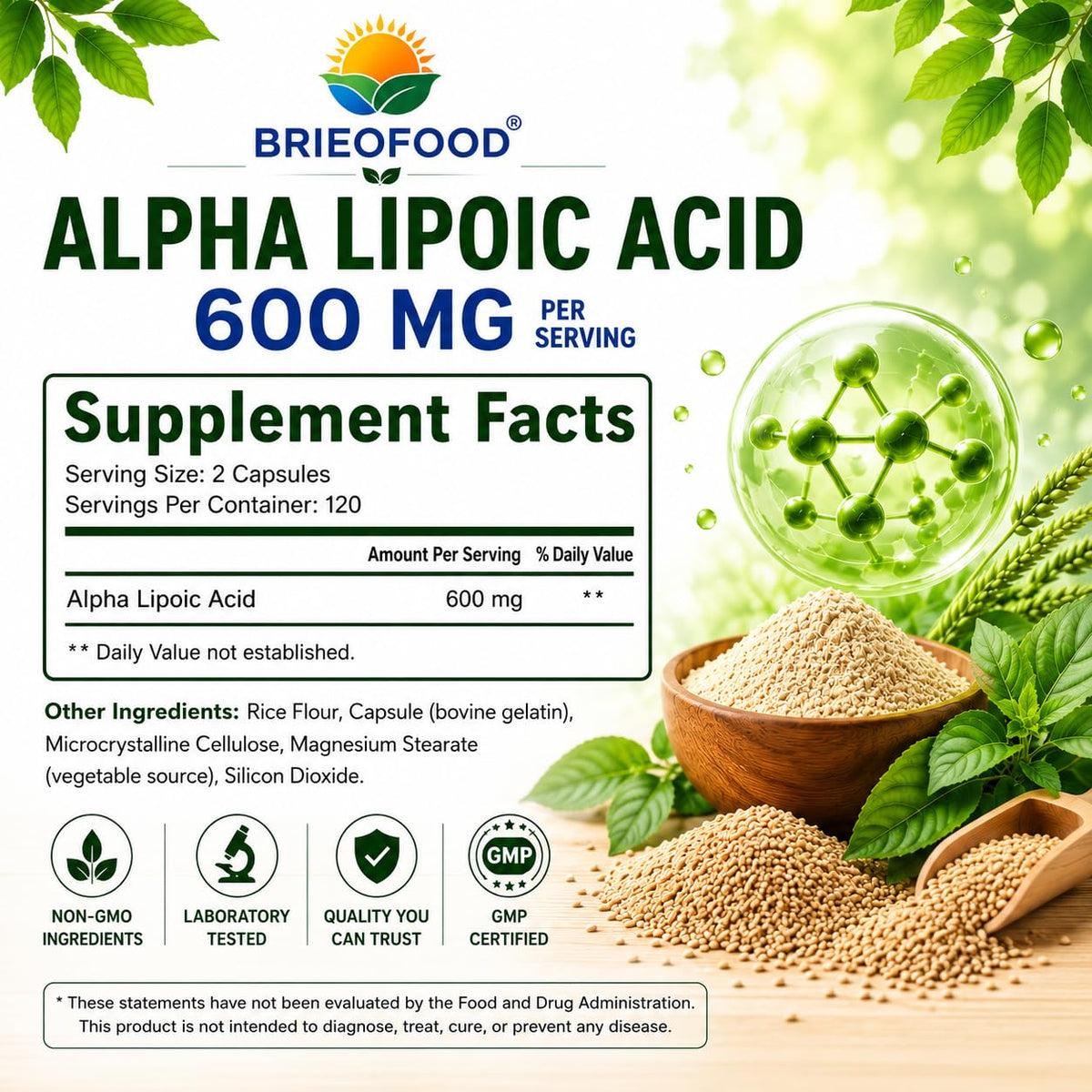 Brieofood Alpha Lipoic Acid 1200mg Antioxidant - 120 Capsules - image 2