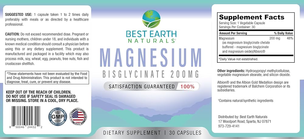 Best Earth Naturals Magnesium Bisglycinate 200 mg - 30 Capsules - image 3