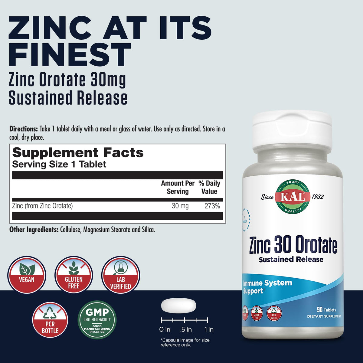 KAL Zinc Orotate 30mg Sustained Release Immune Support - 90 Tablets - image 2