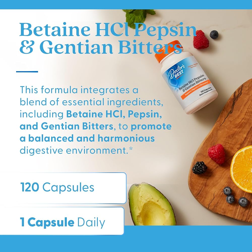 Doctor's Best Betaine HCl Pepsin & Gentian Bitters - 120 Capsules - image 4