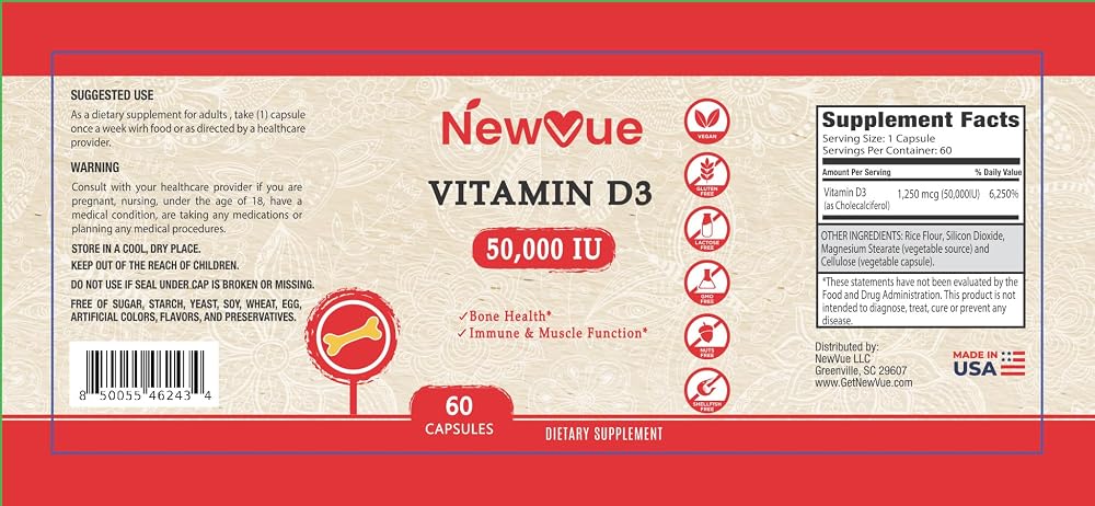 NewVue Vitamin D3 50,000 IU Once Weekly - 60 Vegetarian Capsules