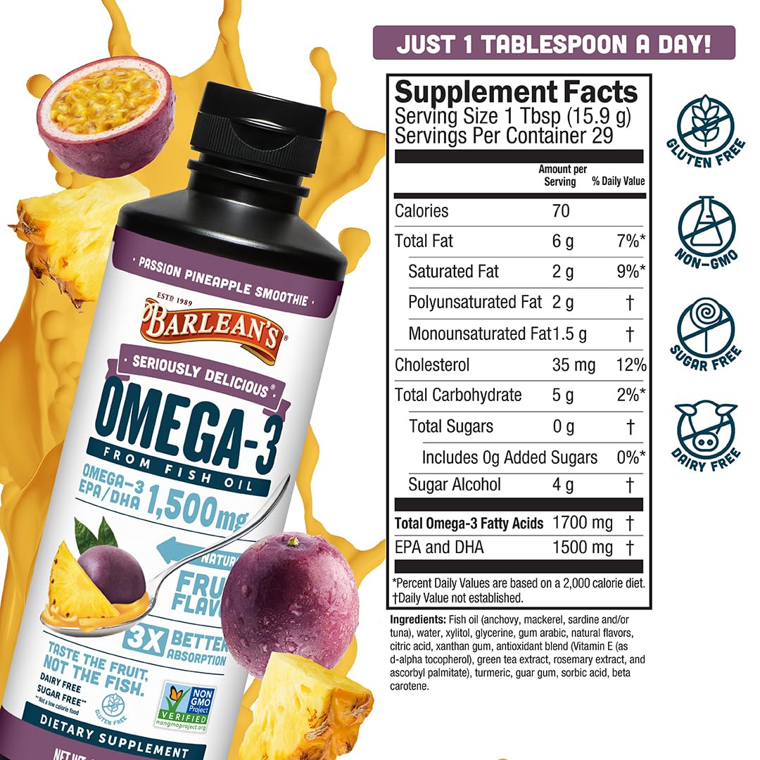 Barlean's Omega 3 Fish Oil Liquid Supplement for Men and Women