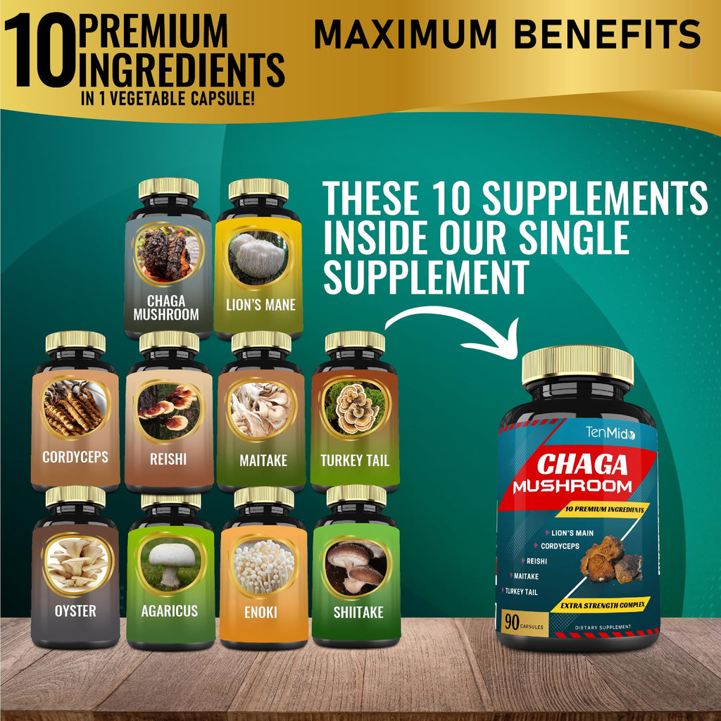 Tenmido Chaga Mushroom Extract 9-Ingredient Blend - 90 Capsules - image 2