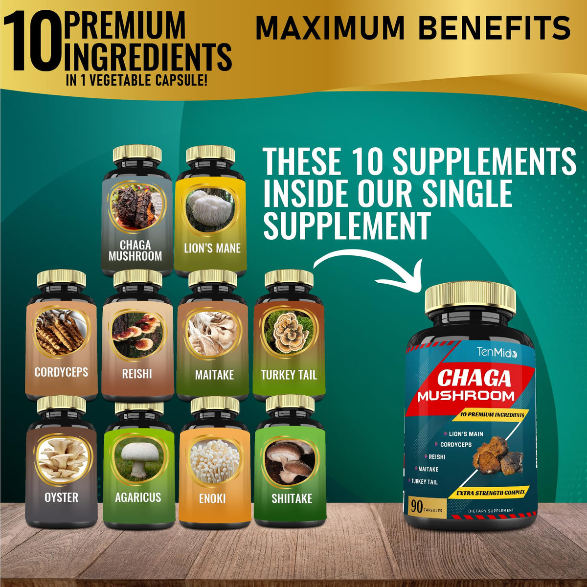 Tenmido Chaga Mushroom Extract 9-Ingredient Blend - 90 Capsules - image 2