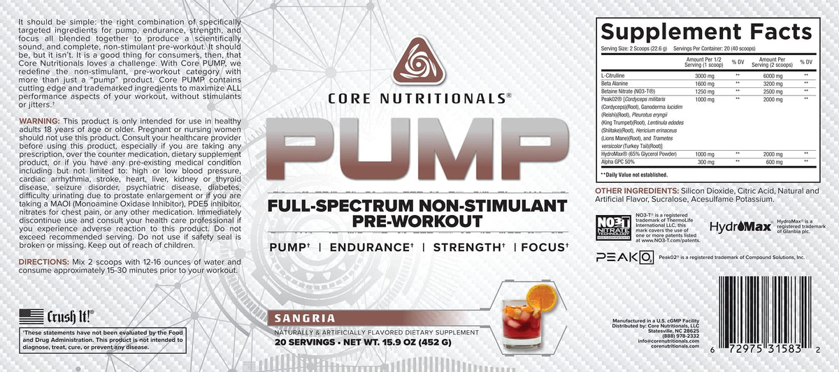 Core Nutritionals Pump Full-Spectrum Non-Stimulant Pre-Workout - 20 Servings - image 2