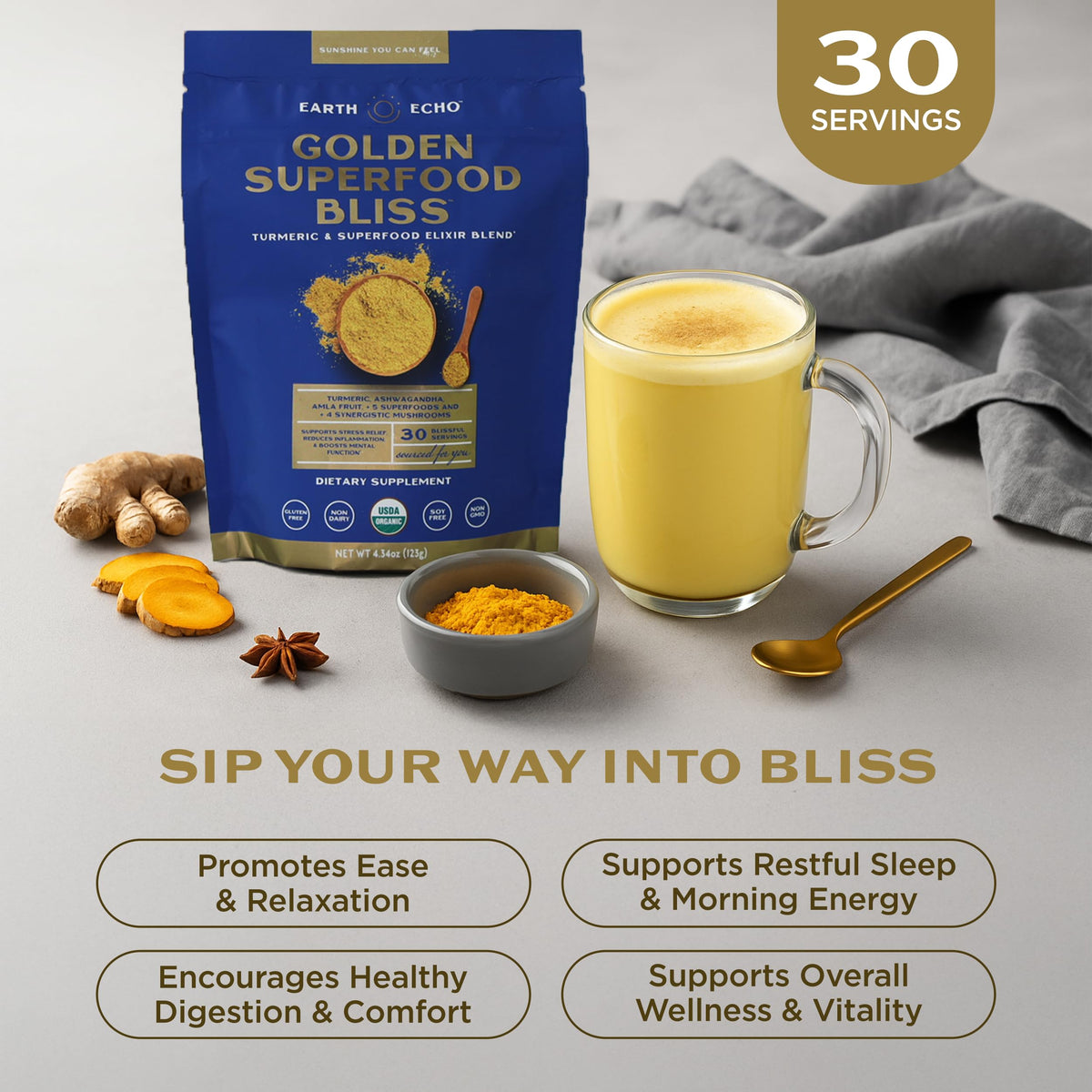 Earth Echo Golden Bliss Organic Golden Milk Powder - 30 Servings - image 3
