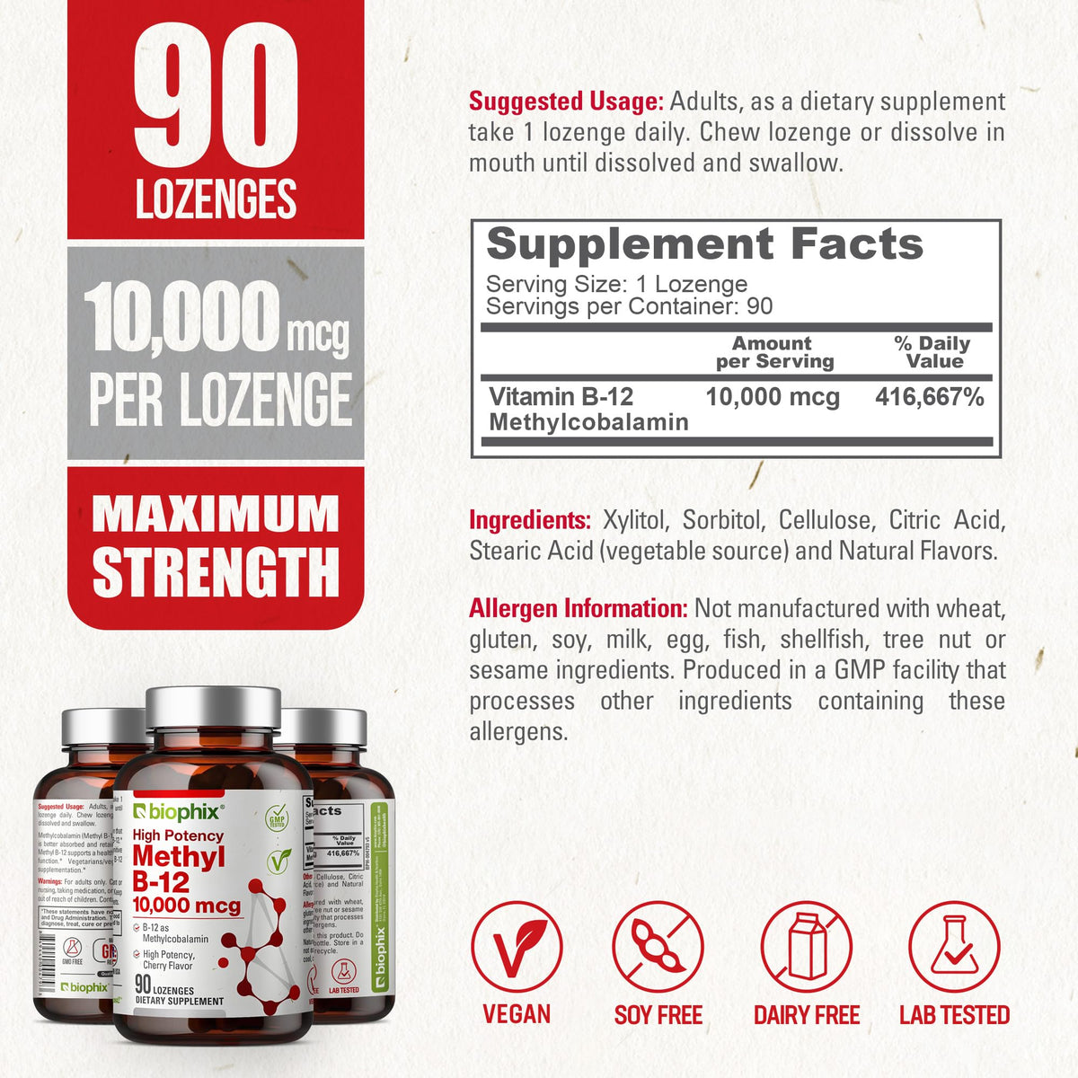 biophix Methyl B-12 10000 mcg Energy & Brain Focus - 90 Lozenges - image 5
