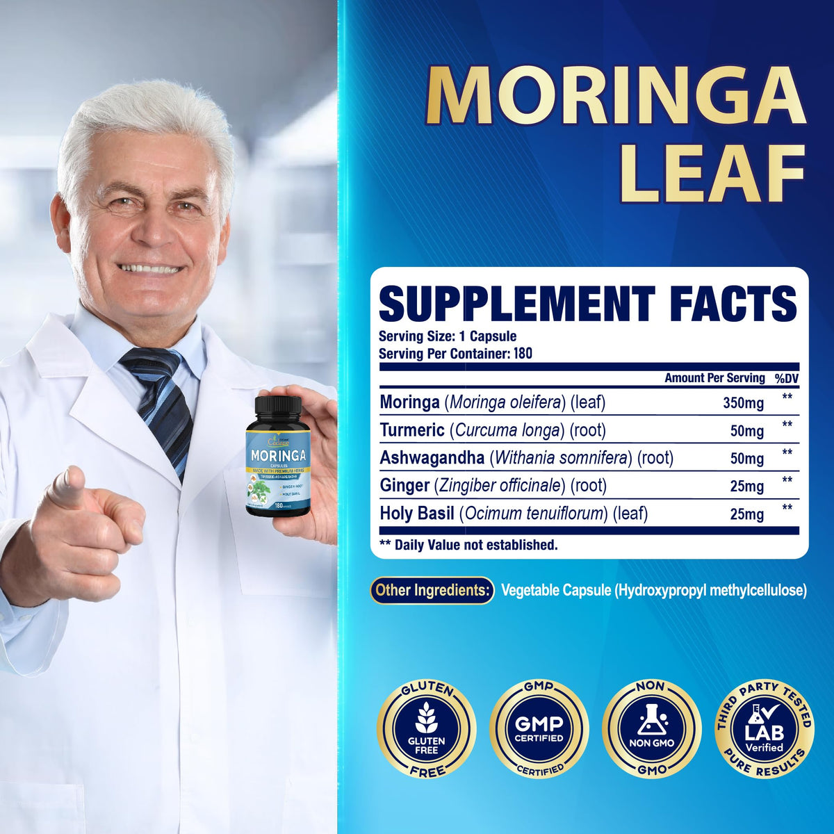 Organic Cadane Moringa Extract with Ashwagandha & Turmeric - 180 Capsules - image 3