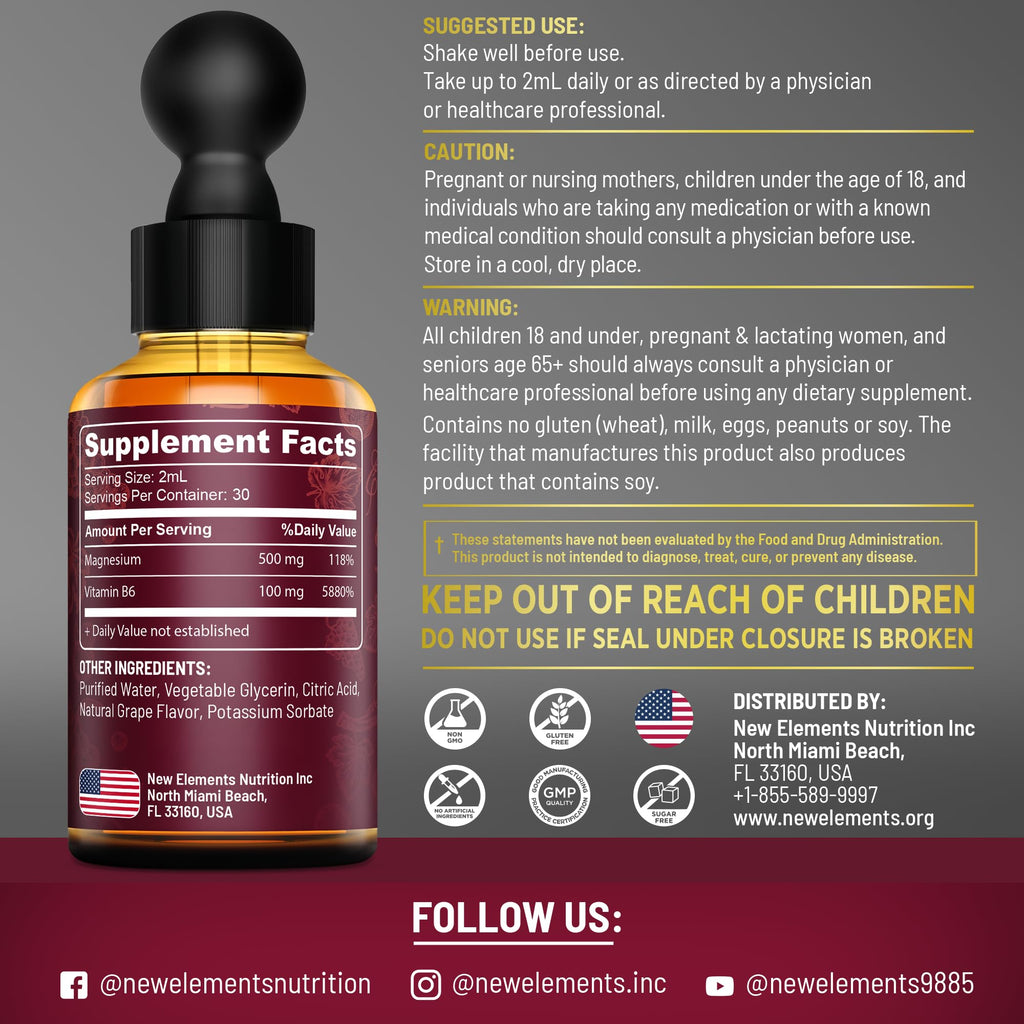 New Elements Liquid Magnesium Glycinate Drops with Vitamin B6 - 2 Fl Oz - image 3