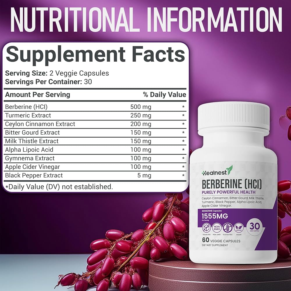 HEALNEST Berberine HCl 500 mg with Cinnamon & Turmeric - 60 Capsules - image 5