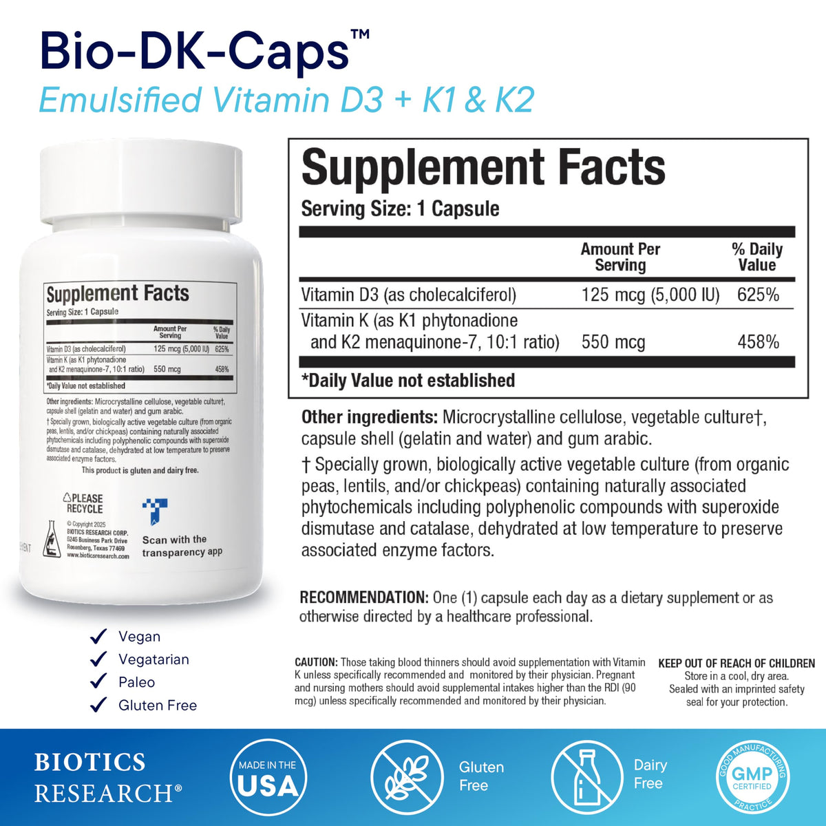 BIOTICS Research Bio-DK Caps Vitamin D3 K1 K2 - 60 Capsules - image 2