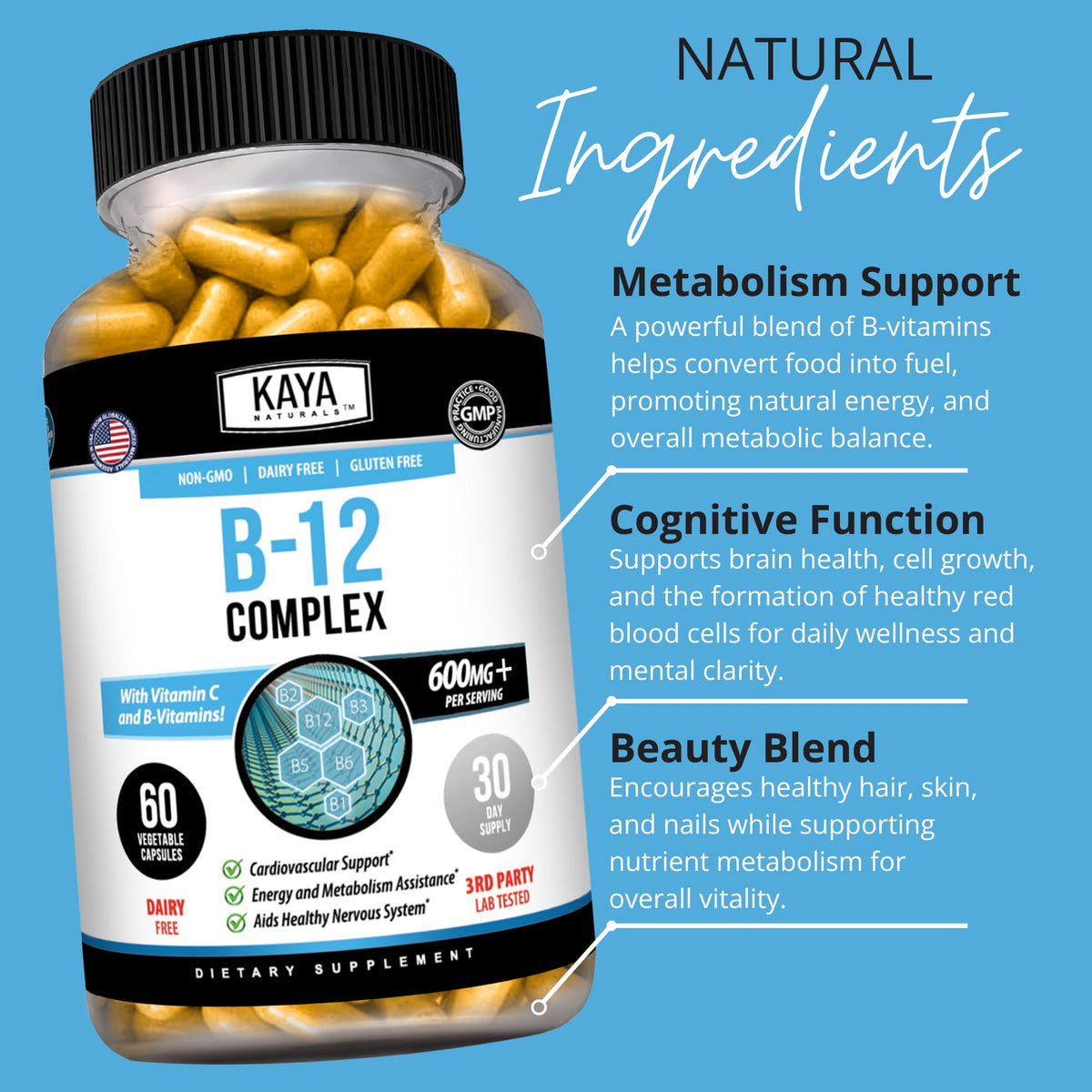 Kaya Naturals B-12 Complex - Multivitamin Supplement for Women & Men