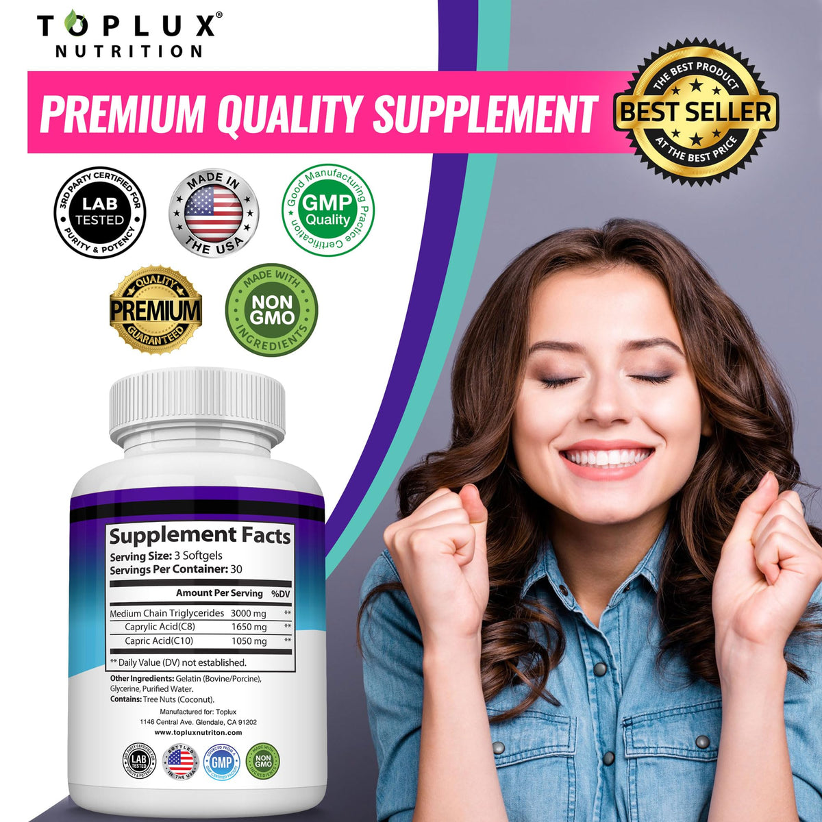 Toplux Keto MCT Oil Capsules - 3000mg Natural Pure Coconut Oil