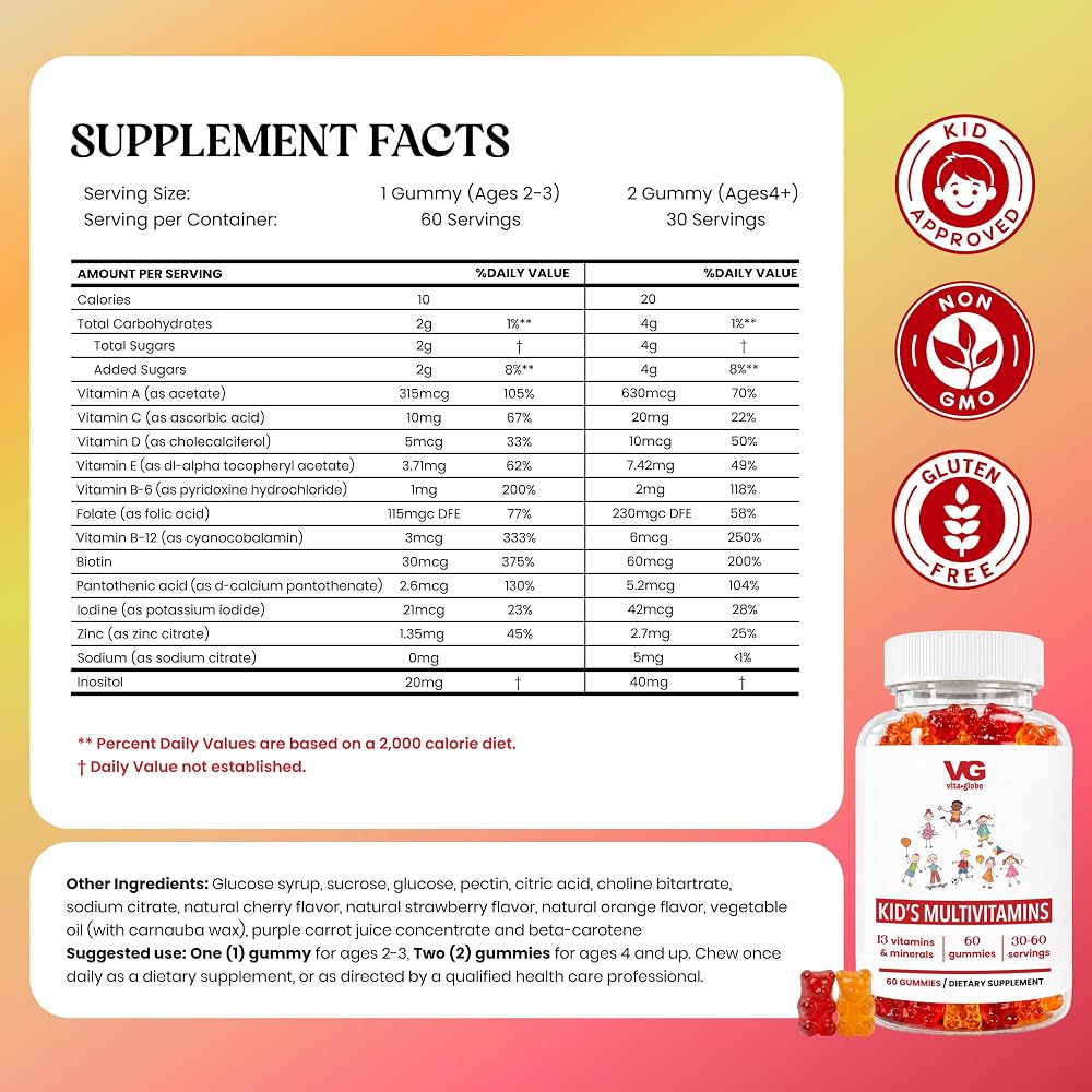 VITA GLOBE Kids Multivitamin Gummies with Vitamins A C D E - 60 Gummies - image 2