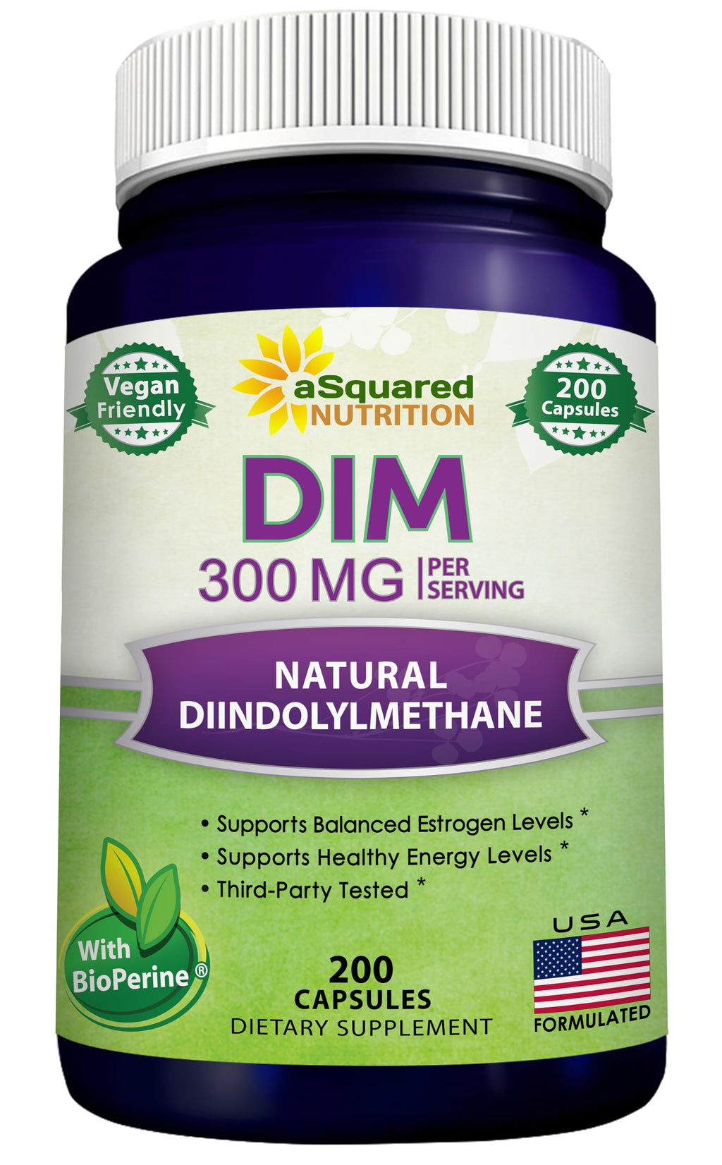 aSquared Nutrition DIM Supplement 300mg - 200 Vegetarian Capsules