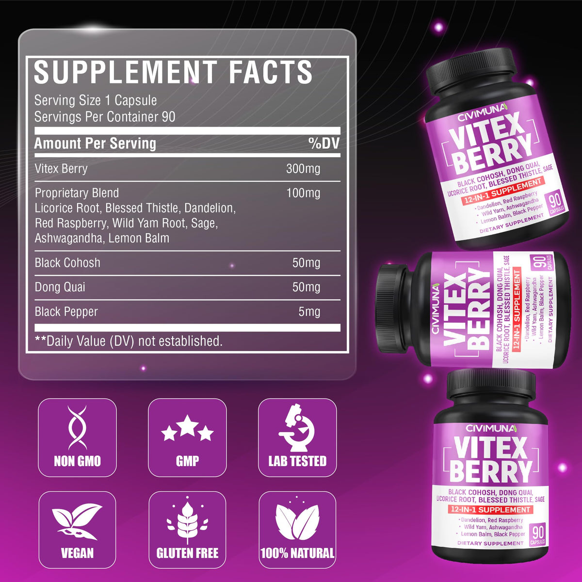 CIVIMUNA Vitex Berry Extract Capsules - 90 Capsules - image 3
