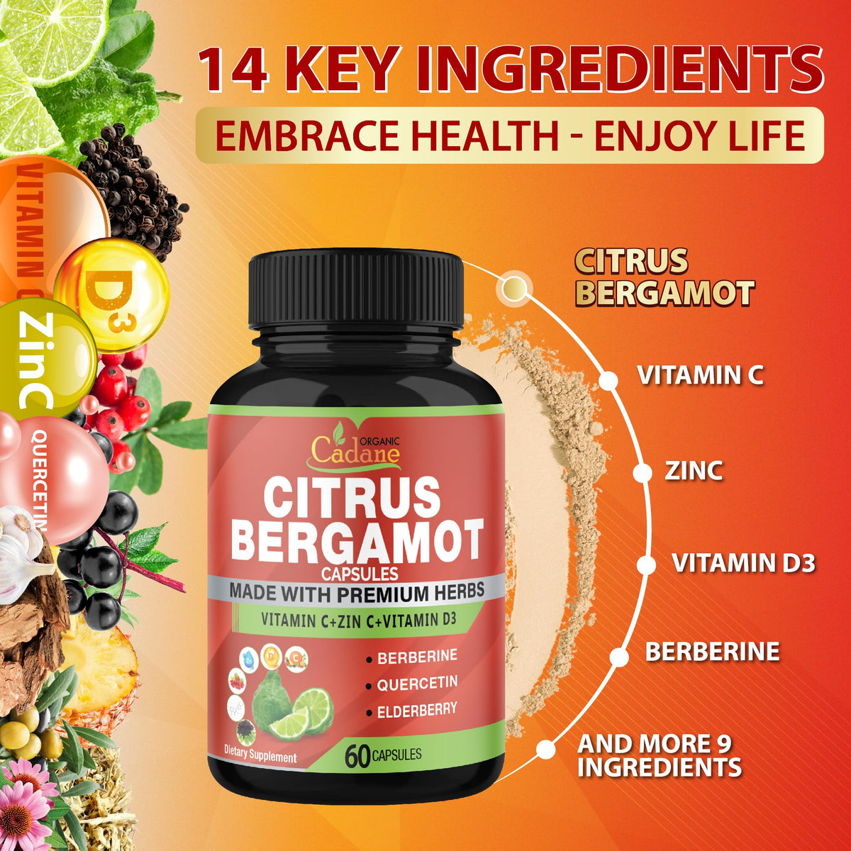 Organic Cadane Citrus Bergamot Extract Immune Support - 60 Capsules - image 5