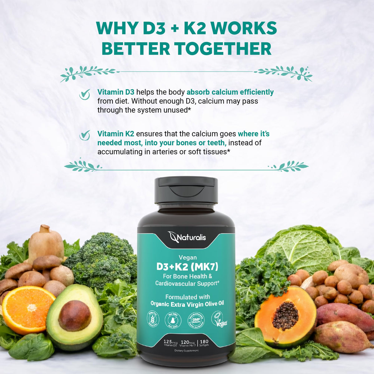 Naturalis Vegan Vitamin D3 + K2 with Extra Virgin Olive Oil