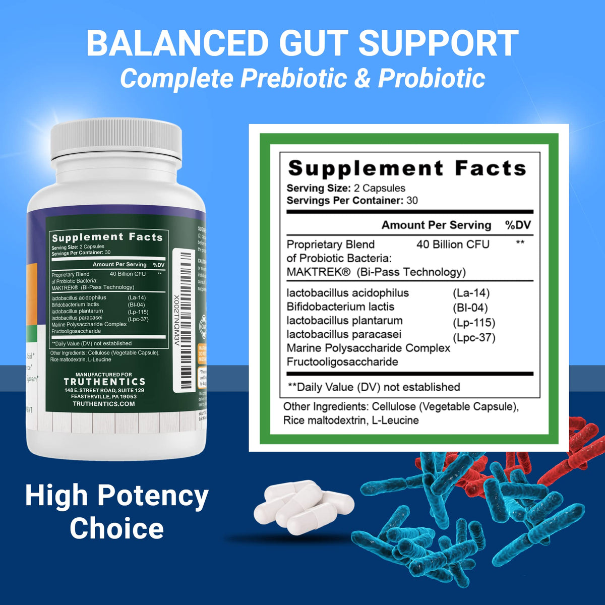 TRUTHENTICS Probiotic 40 Billion CFU with Prebiotic - 60 Capsules - image 2