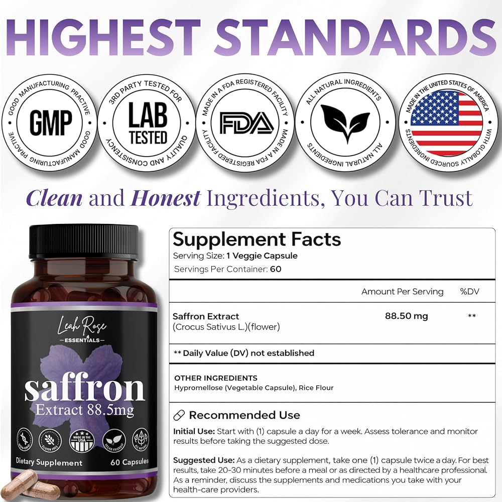 Leah Rose Essentials Saffron Supplement 88.5mg - 60 Capsules - image 4