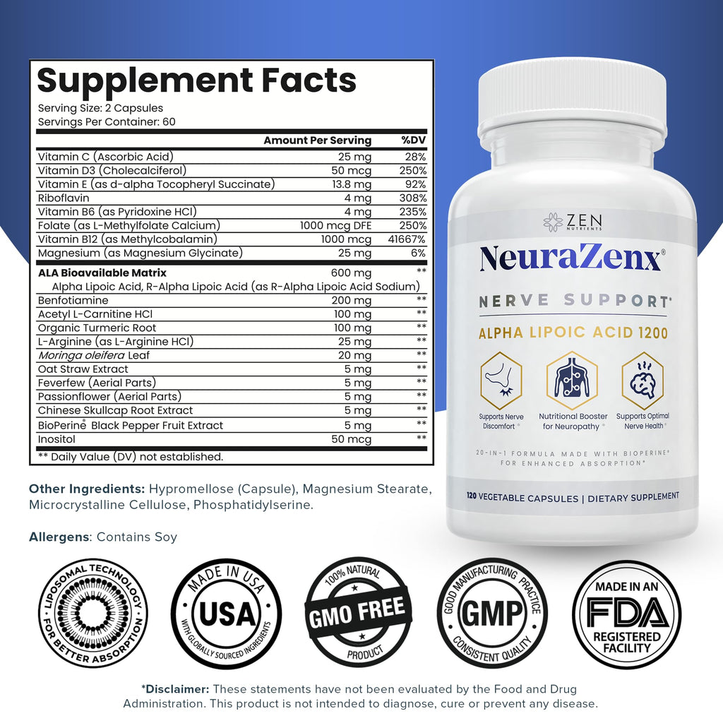 Zen Nutrients NeuraZenX Nerve Support with Alpha Lipoic Acid - 120 Capsules - image 2