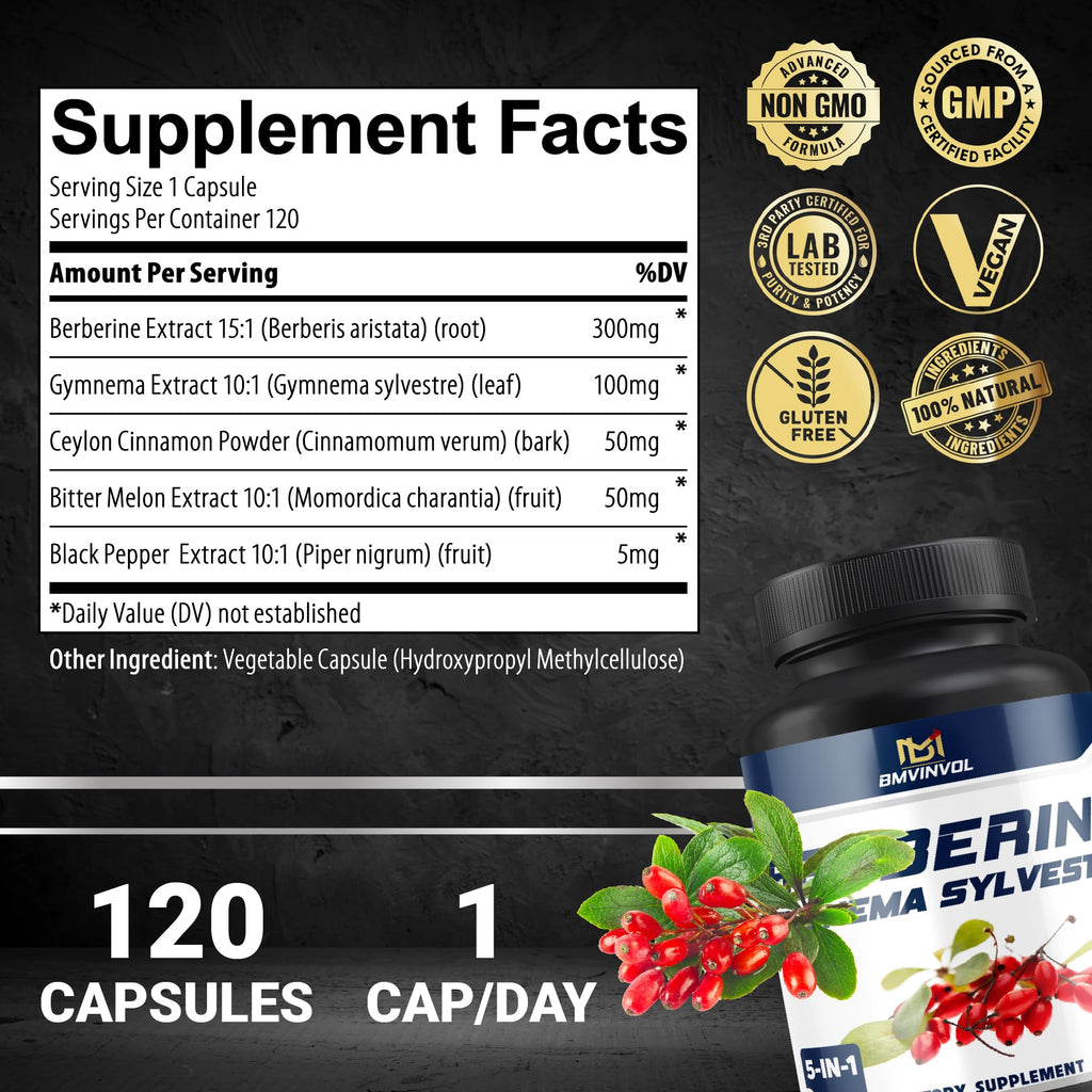 BMVINVOL 5-in-1 Berberine Supplement with Ceylon Cinnamon - 120 Capsules - image 2
