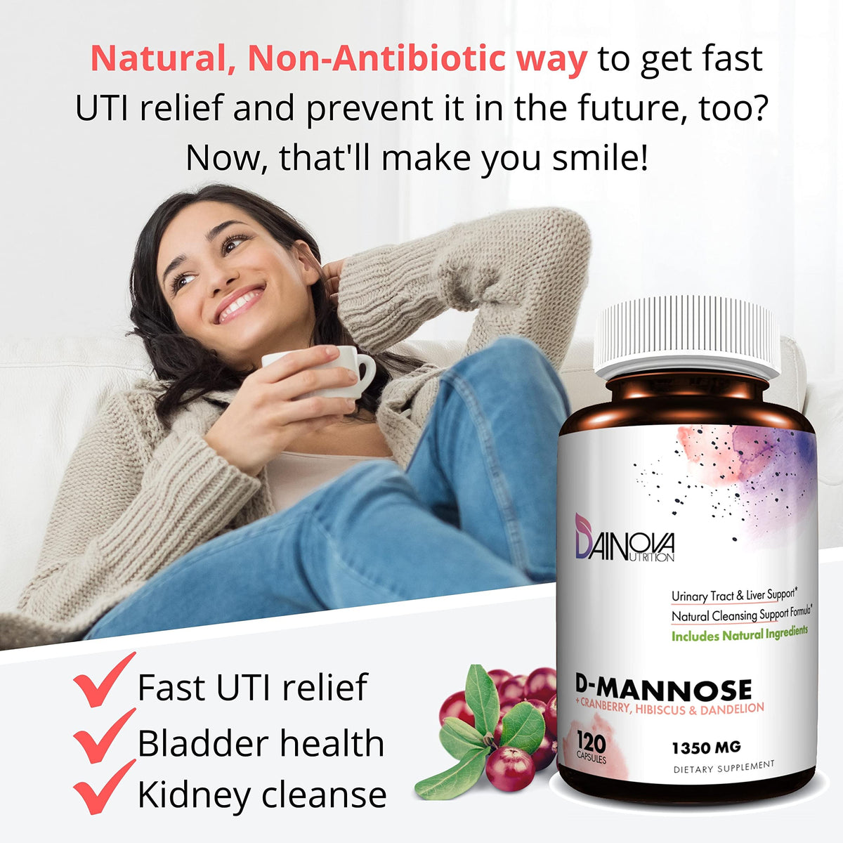 Dainova Nutrition D-Mannose 1350mg with Cranberry - 120 Capsules - image 2