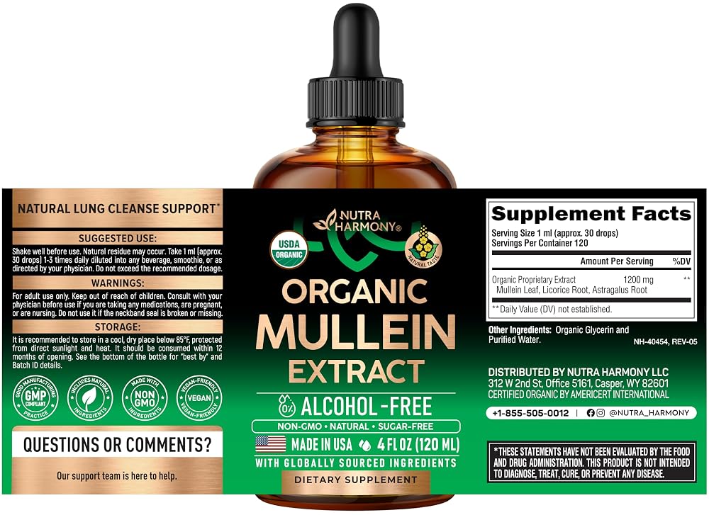 NUTRAHARMONY Mullein Drops for Lungs - USDA Organic Liquid - Mullein