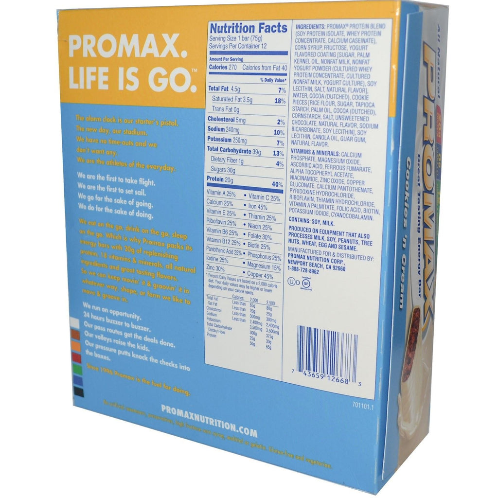 Promax Energy Bar Cookies n Cream Protein Bar - 12 Bars - image 2