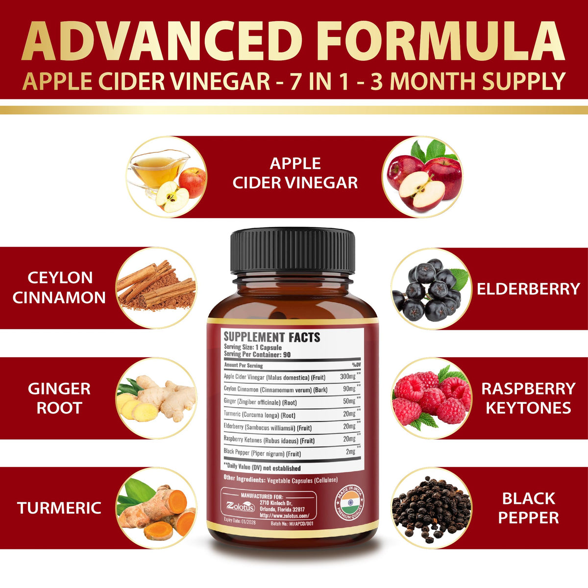 Zolotus Apple Cider Vinegar Capsules with Cinnamon & Turmeric - 90 Capsules - image 3