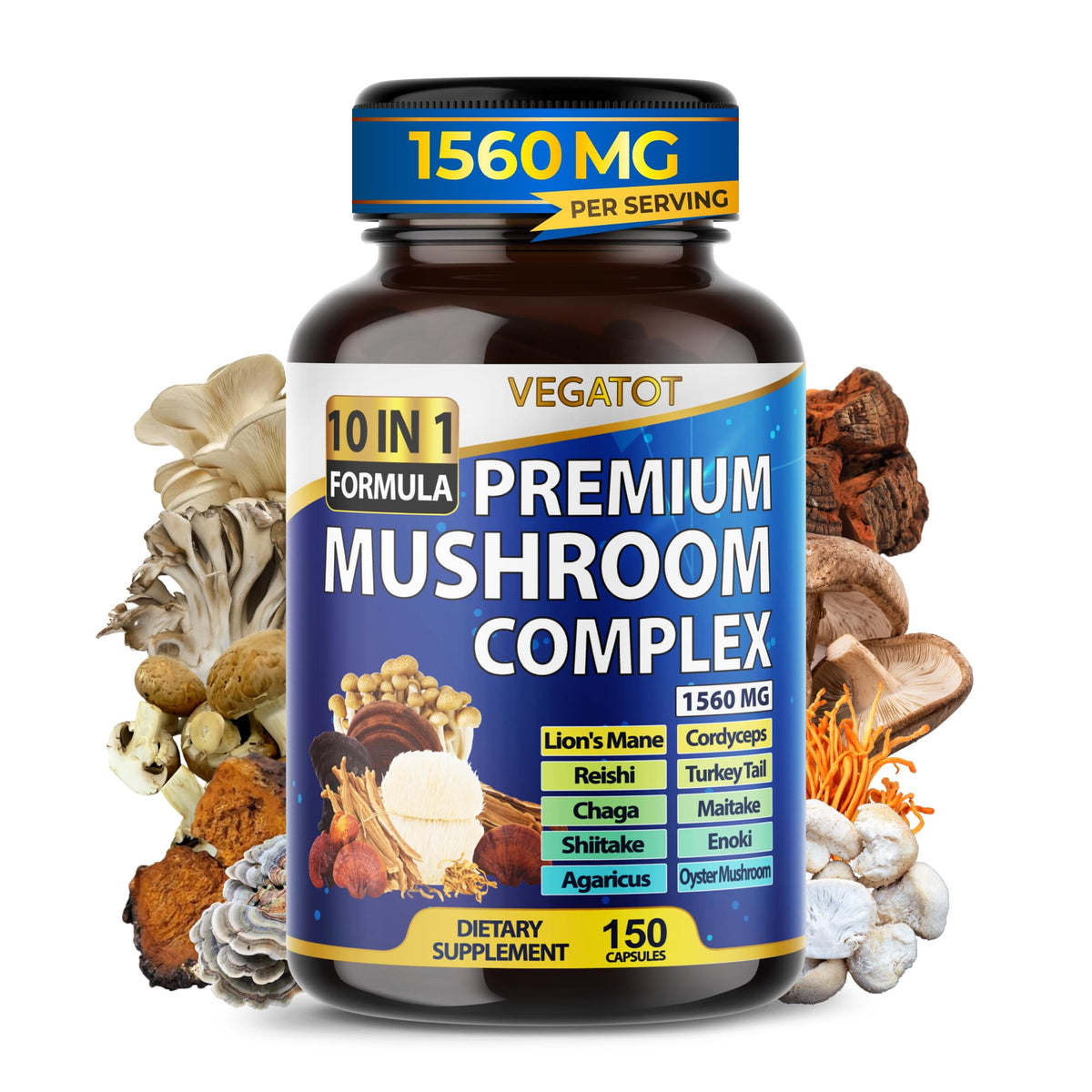 VEGATOT Mushroom Complex 1560mg 10-in-1 Lion's Mane Cordyceps - 150 Capsules