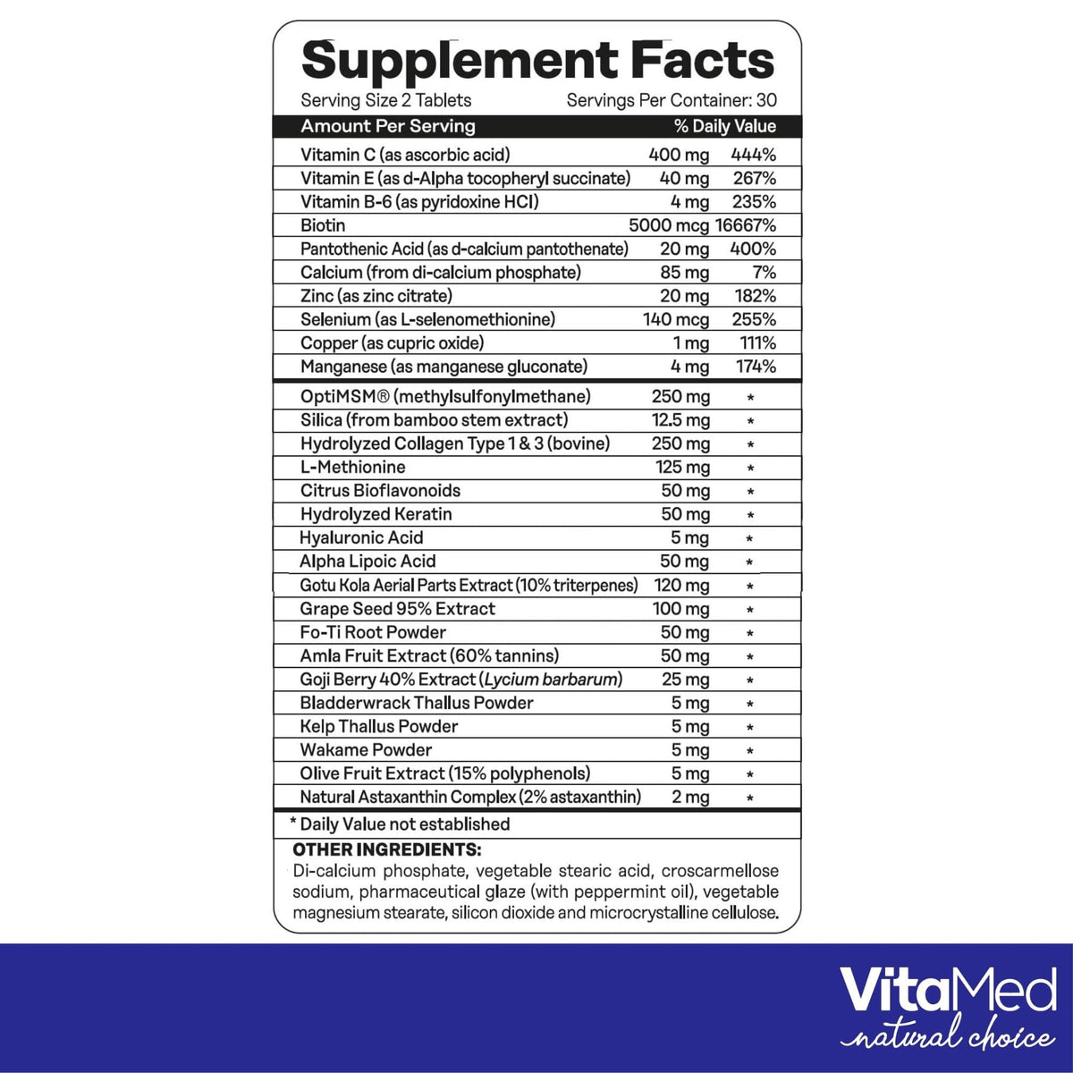 VitaMed Hair Skin and Nails Vitamins with Biotin 5000mcg - 60 Tablets - image 6