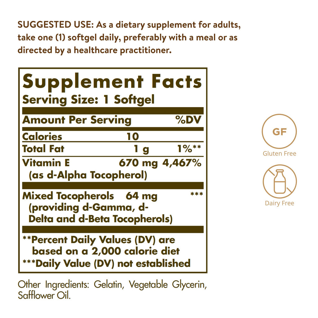 Solgar Vitamin E 670 mg (1000 IU) Antioxidant - 180 Softgels - image 2