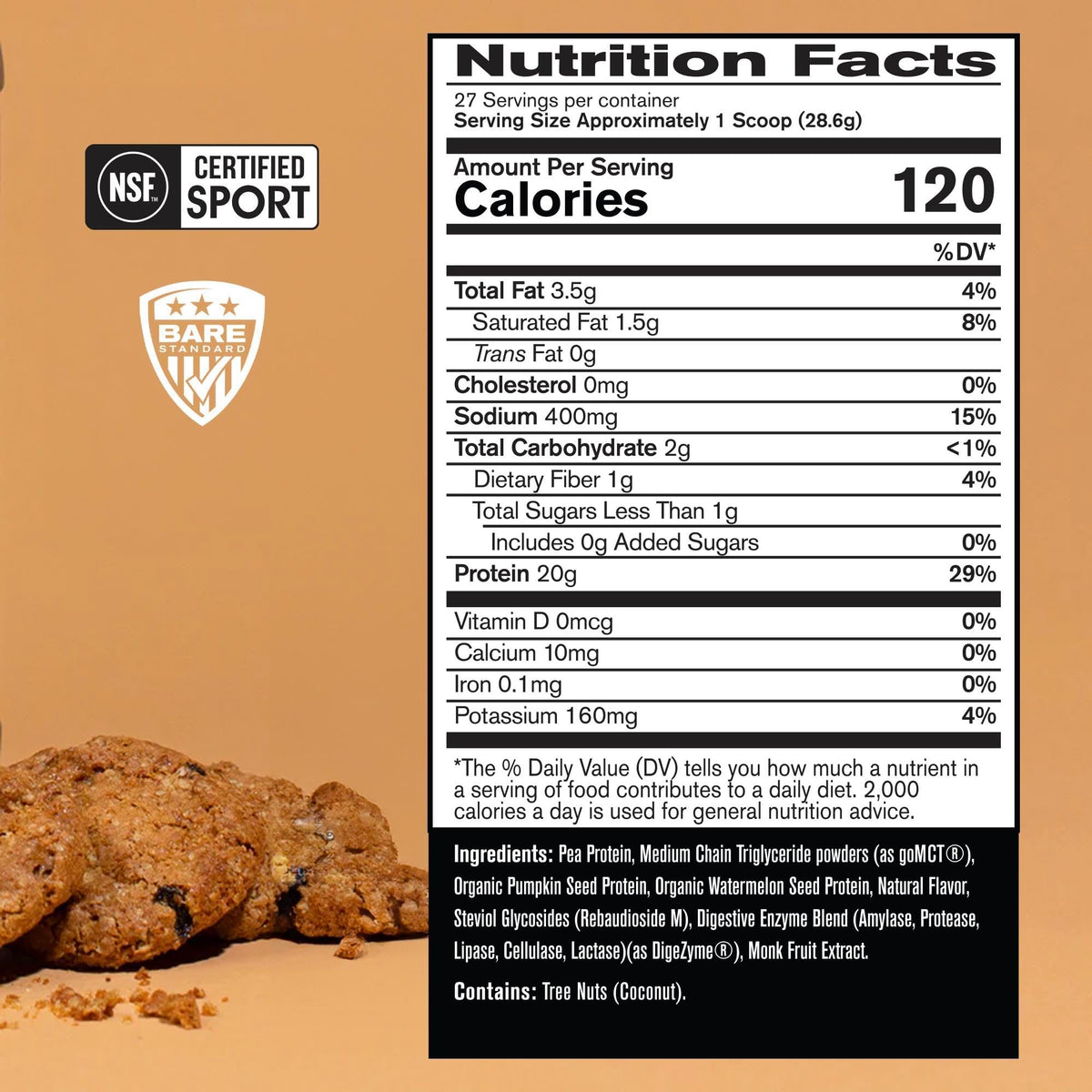 Bare Performance Nutrition Vegan Protein Powder Oatmeal Cookie - 27 Servings - image 2