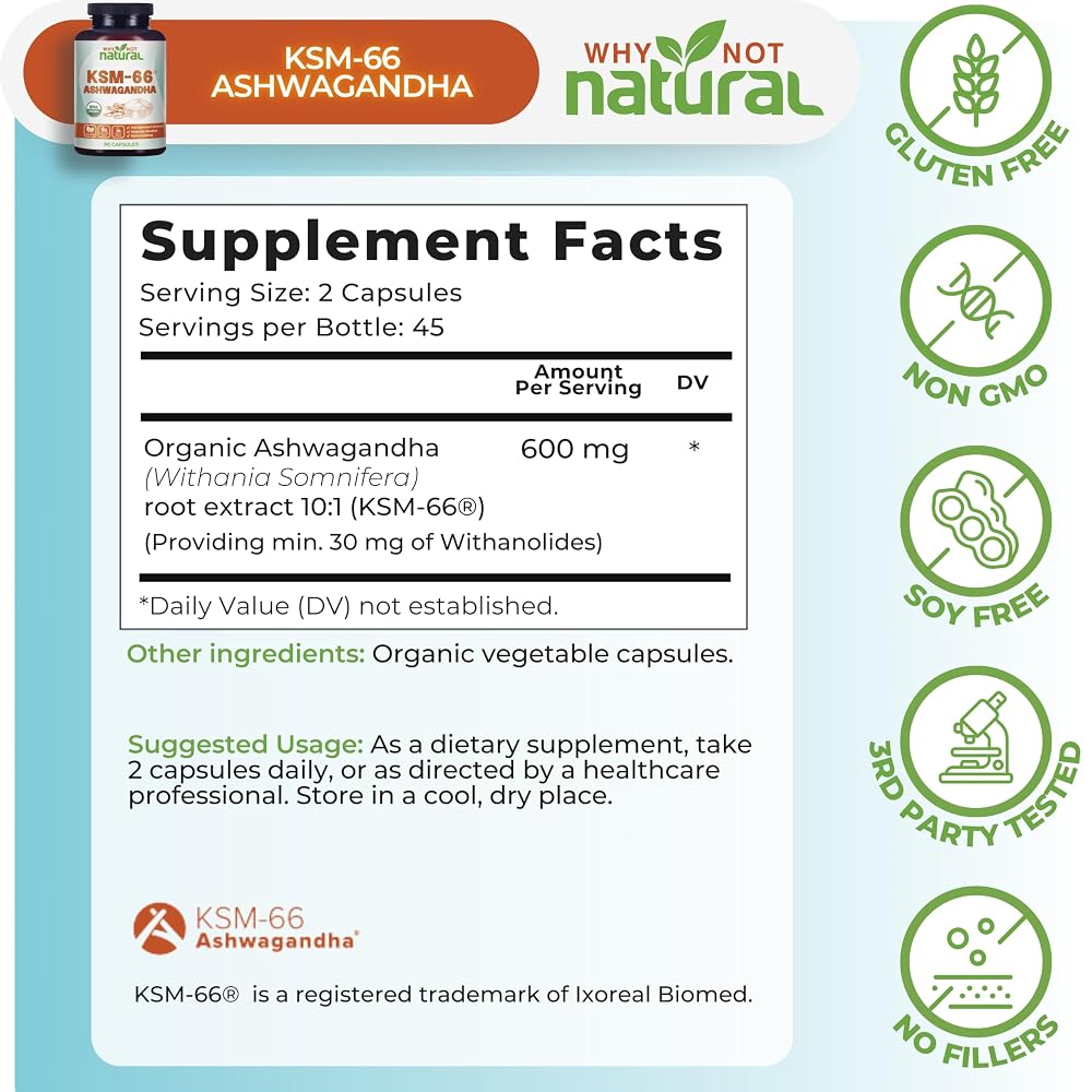 Why Not Natural Organic Ashwagandha KSM-66 Supplements - 90 Capsules - image 3