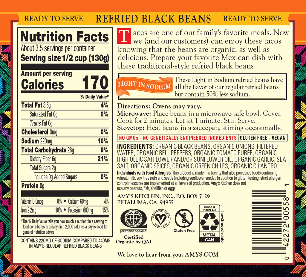 Amy's Organic Refried Black Beans Light in Sodium - 12 Pack - image 2
