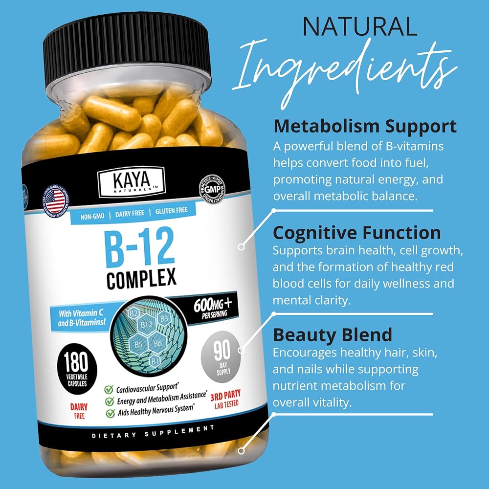 Kaya Naturals B-12 Complex Multivitamin for Energy - 180 Capsules - image 5