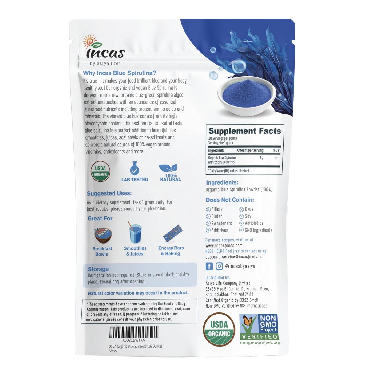 INCAS USDA Organic Blue Spirulina Powder Phycocyanin Extract
