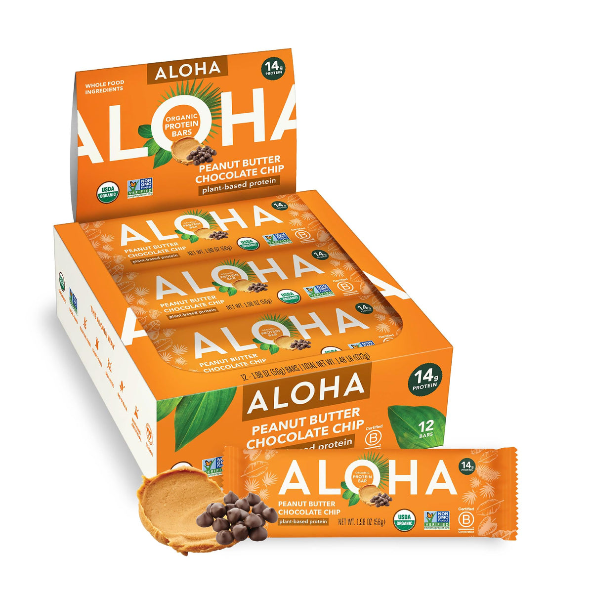 ALOHA Organic Plant Based Protein Bar Peanut Butter Chocolate Chip - 12 Ct