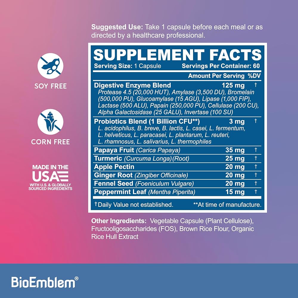 BioEmblem Digestive Enzymes with Probiotics 10 Enzymes - 60 Capsules - image 2