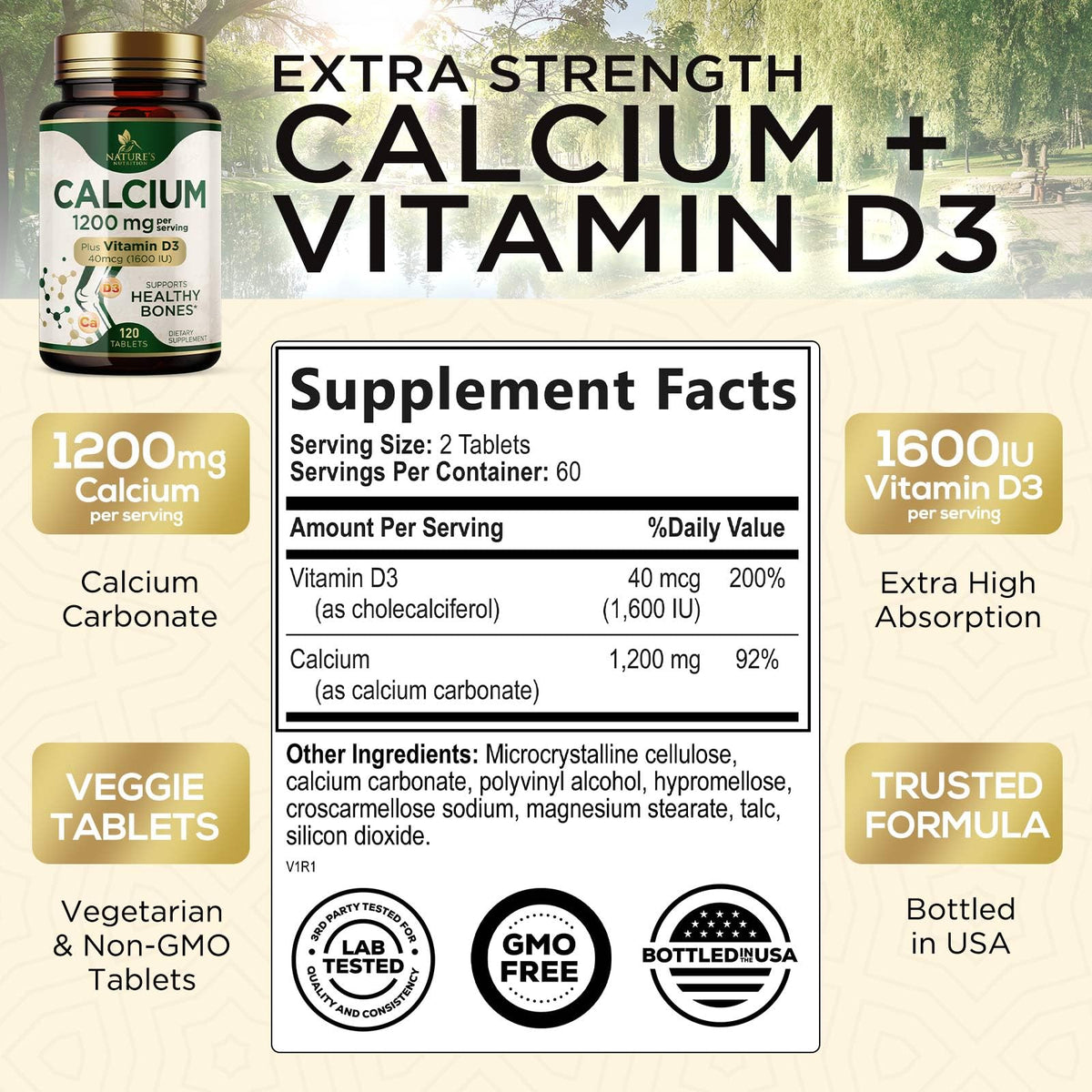 Nature's Nutrition Calcium 1200 mg Per Serving with Vitamin D3 - Bone