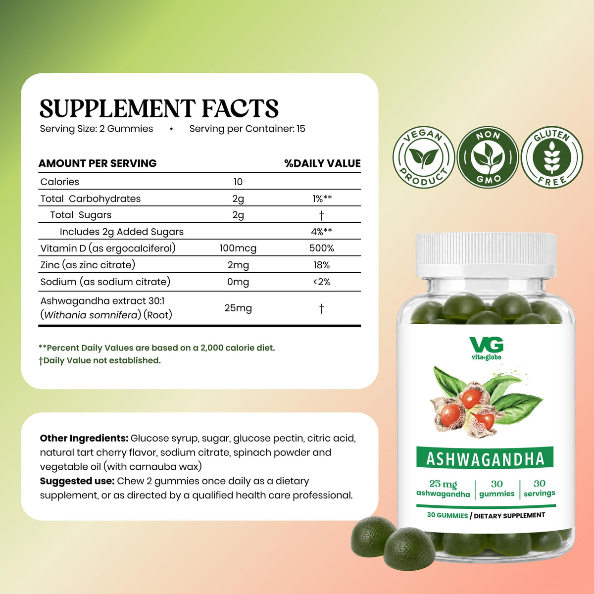 VITA GLOBE Ashwagandha Gummies 25mg with Vitamin D2 & Zinc - 30 Count - image 2