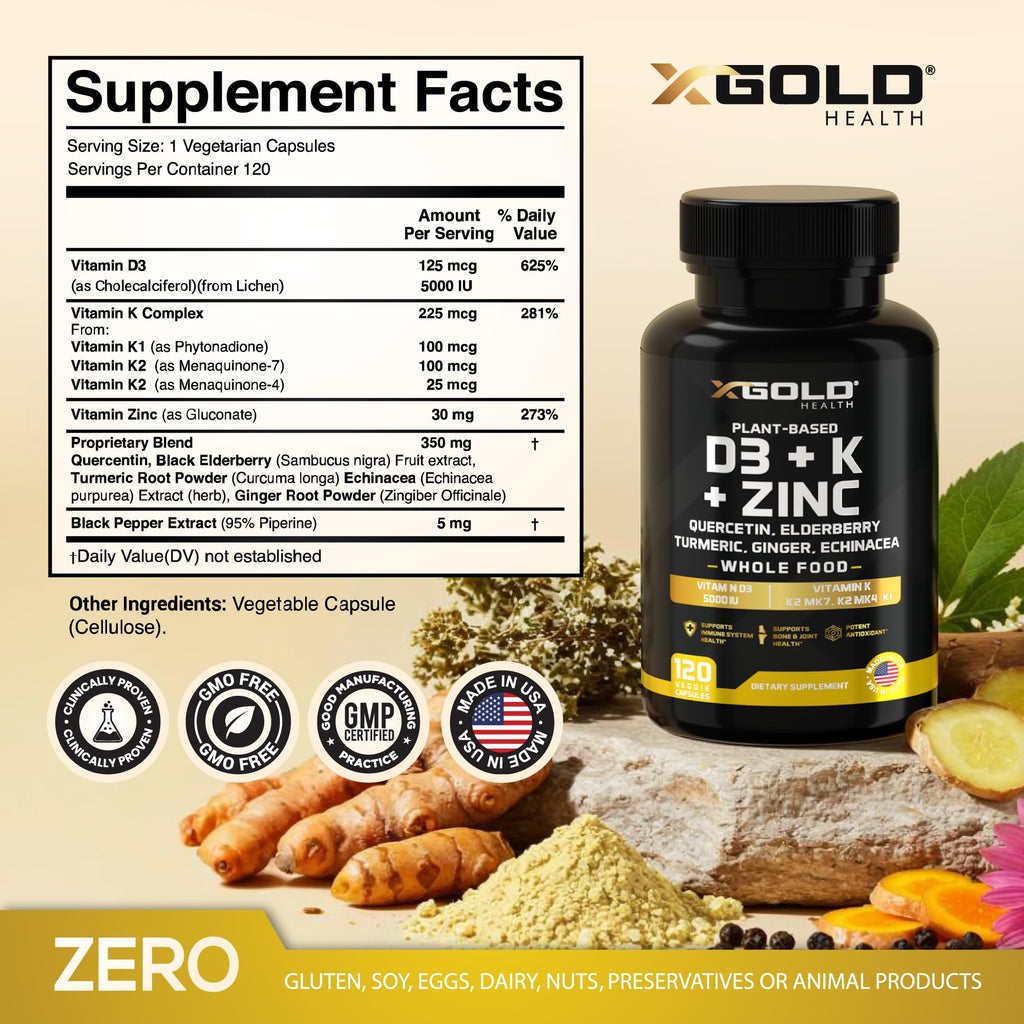 X Gold Health Vitamin D3 K2 K1 Zinc Quercetin Complex - 120 Capsules - image 2
