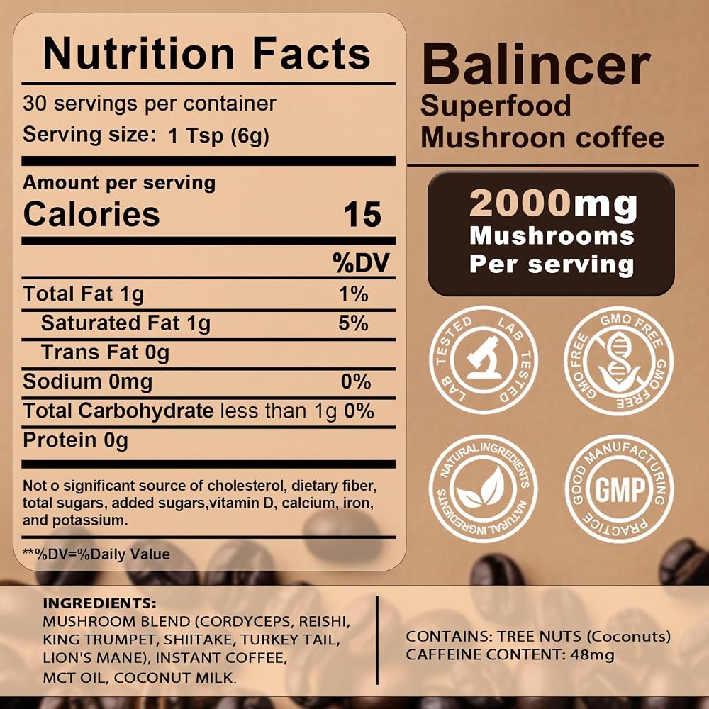 Balincer Mushroom Coffee, 6 Adaptogenic Mushrooms (Lion's Mane