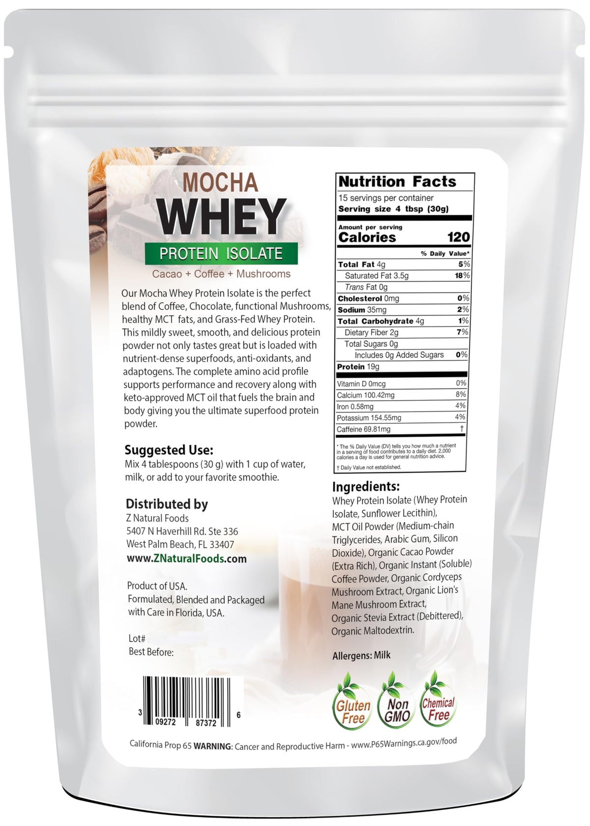 Z Natural Foods Mocha Mushroom Whey Protein Powder - 1 lb - image 2