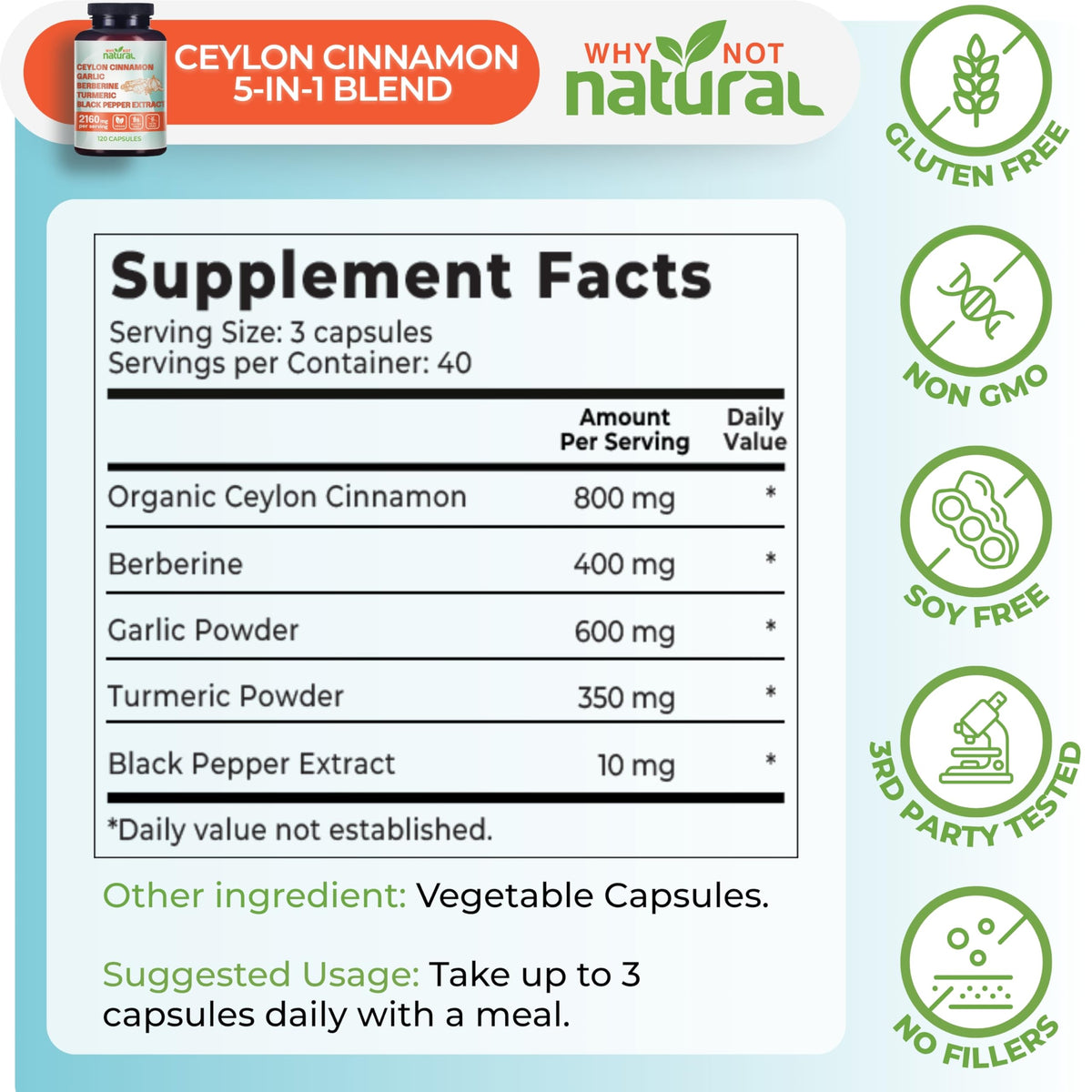 Why Not Natural 5-in-1 Organic Ceylon Cinnamon Capsules - 120 Count - image 4