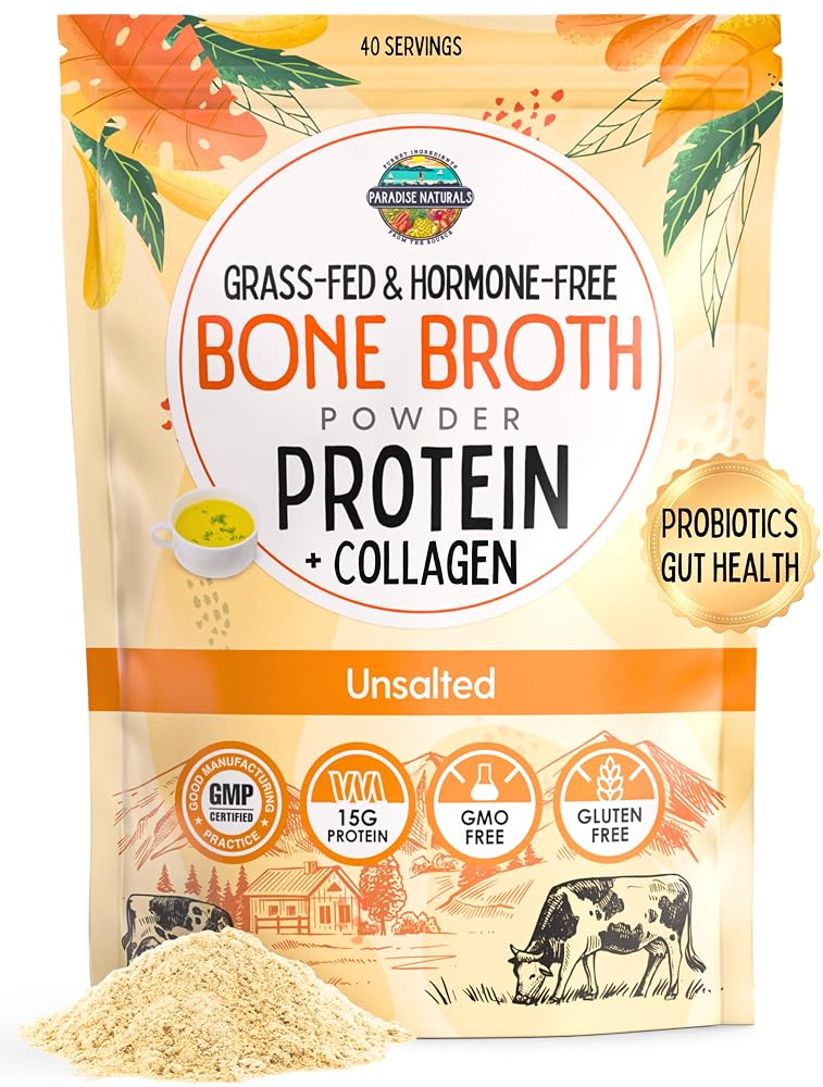 Paradise Naturals Grass-Fed Beef Bone Broth Powder with Probiotics - 40 Servings